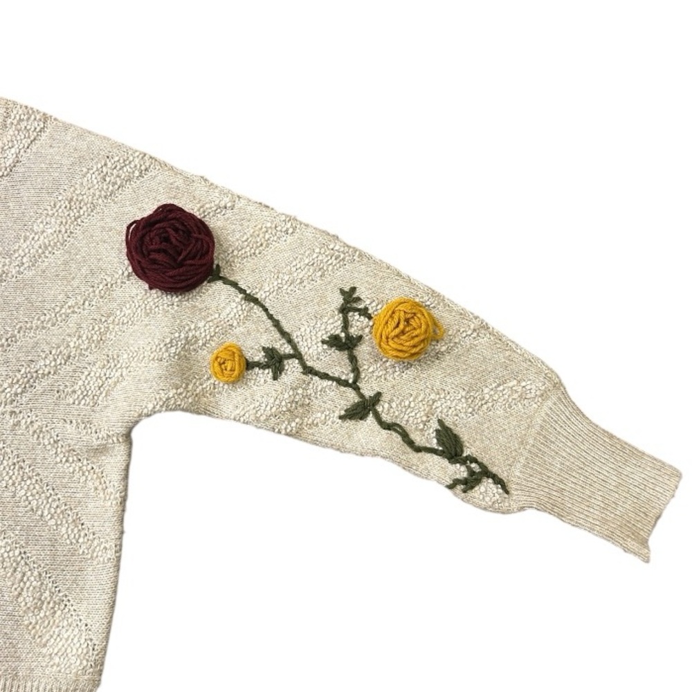 A New Day Floral Crew Neck Knit Textured Sweater Oatmeal Size XS - Picture 7 of 13